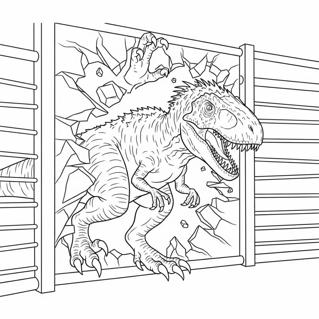 Indominus Rex Ausmalbilder (Gratis Dino Malvorlage drucken) Indominus Rex Ausmalbilder der die Käfigwand durchbricht detailreich und perfekt für Dinosaurierfans