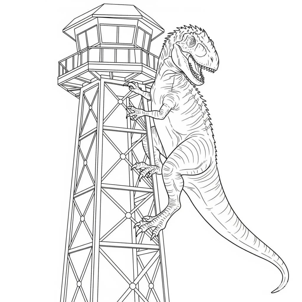 Indominus Rex Ausmalbilder (Gratis Dino Malvorlage drucken) Indominus Rex klettert auf einen Wachturm Ausmalbild für Kinder und Erwachsene zum Ausdrucken kostenlos detailreiches Dinosaurier Malbild