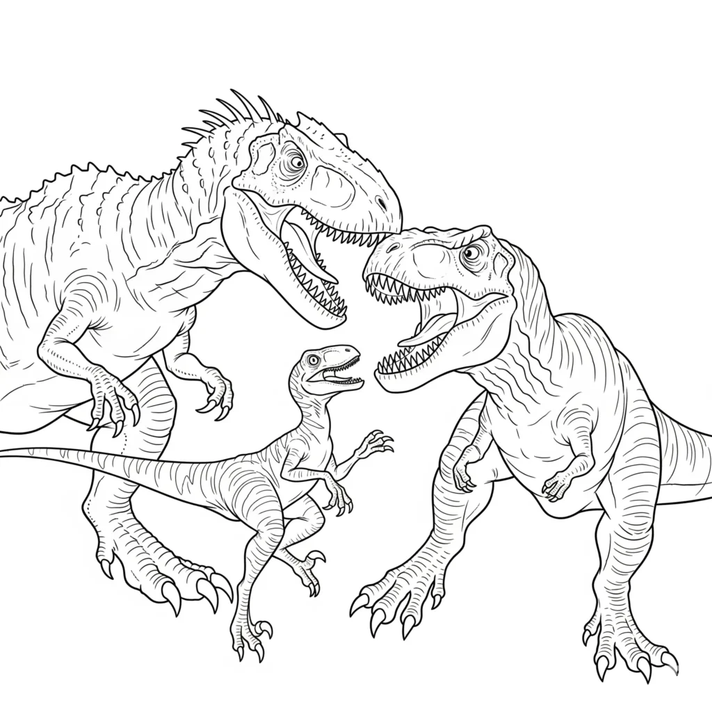 Indominus Rex Ausmalbilder (Gratis Dino Malvorlage drucken) Indominus Rex gegen T Rex und Blue den Raptor Ausmalbild für Kinder und Erwachsene zum Ausdrucken kostenlos detailreiches Dinosaurierbild