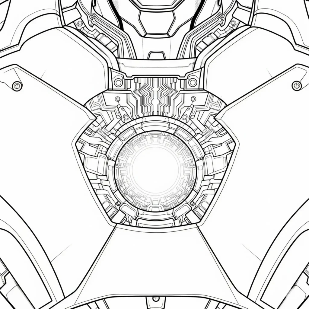 16 Iron Man Ausmalbilder (Superhelden Malvorlage zum drucken) Detaillierte Malvorlage des Arc Reactors von Iron Man, perfekt zum Ausdrucken und Ausmalen für Kinder und Fans