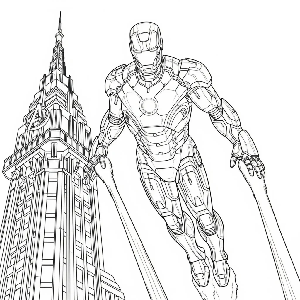 16 Iron Man Ausmalbilder (Superhelden Malvorlage zum drucken) Iron Man fliegt über den Avengers Tower – spannendes Ausmalbild für Kinder und Marvel-Fans zum Ausdrucken
