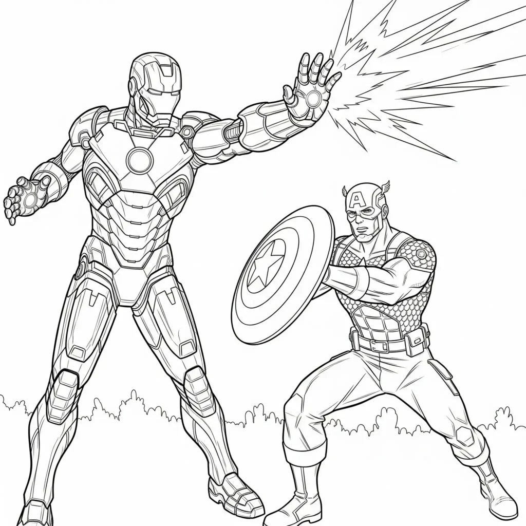 16 Iron Man Ausmalbilder (Superhelden Malvorlage zum drucken) Ausmalbild von Iron Man und Captain America zusammen, perfekt zum Ausdrucken und Ausmalen für Kinder und Marvel-Fans