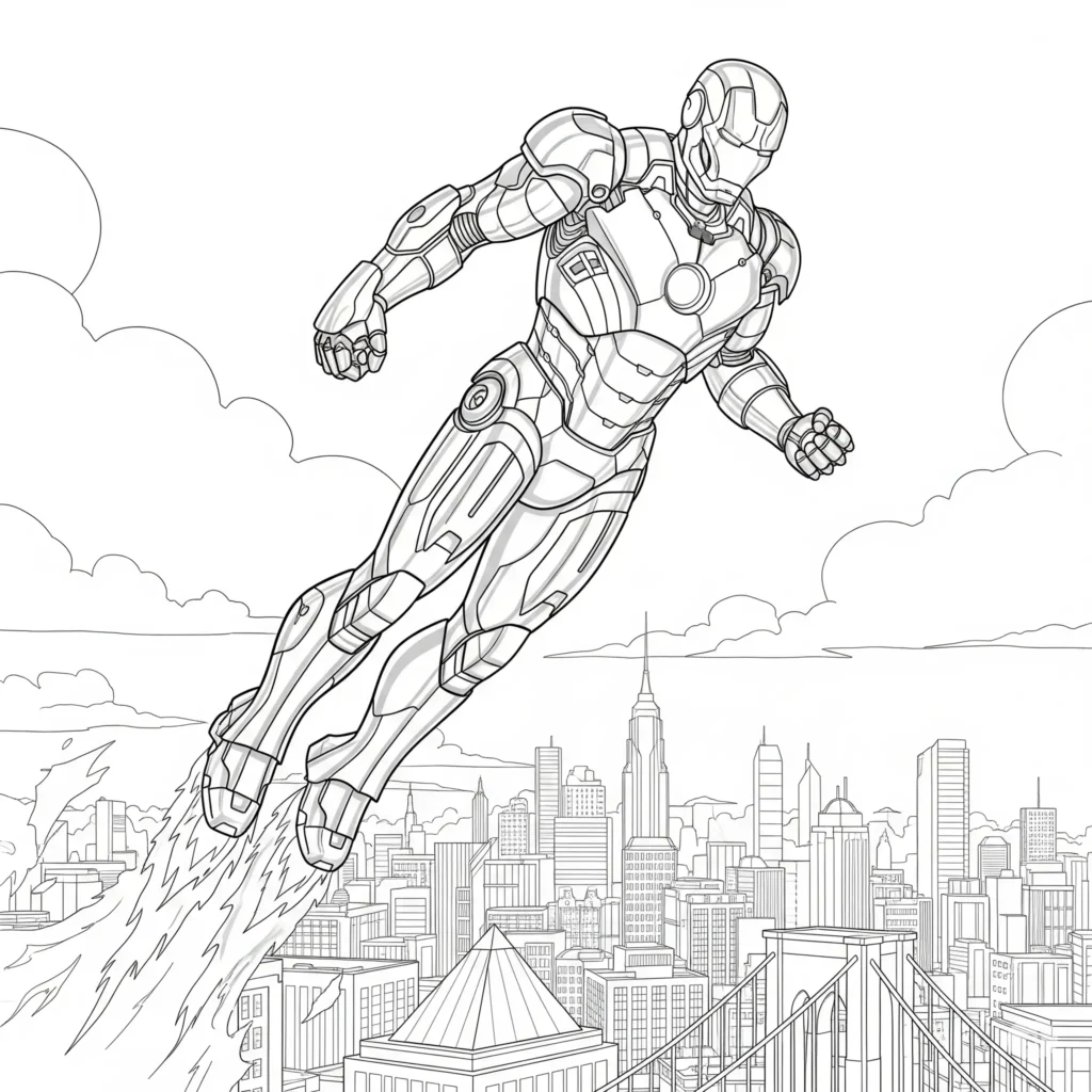 16 Iron Man Ausmalbilder (Superhelden Malvorlage zum drucken) Iron Man fliegt über eine Großstadt – spannendes Ausmalbild für Kinder zum Ausdrucken, ideal für Marvel-Fans