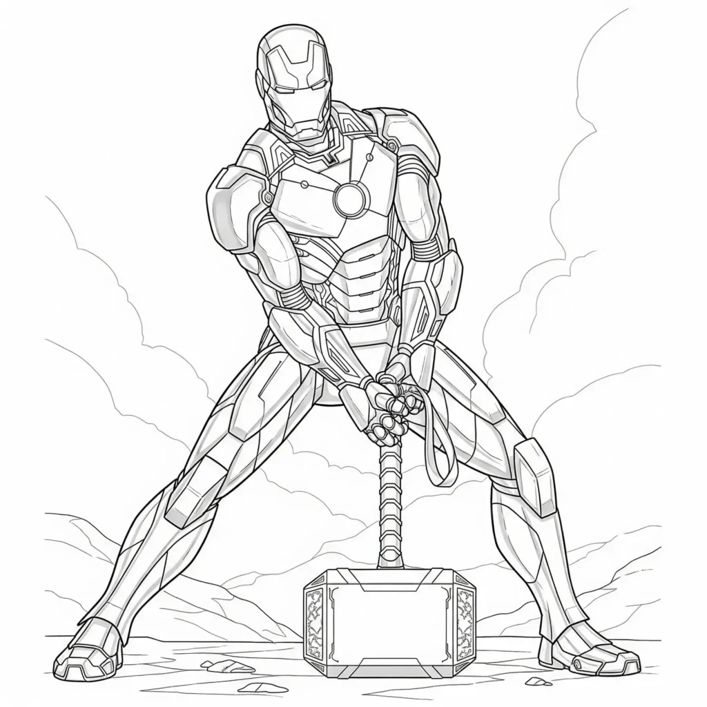 16 Iron Man Ausmalbilder (Superhelden Malvorlage zum drucken) Iron Man versucht, den mächtigen Hammer Mjölnir von Thor zu heben – spannendes Ausmalbild für Kinder zum Ausdrucken
