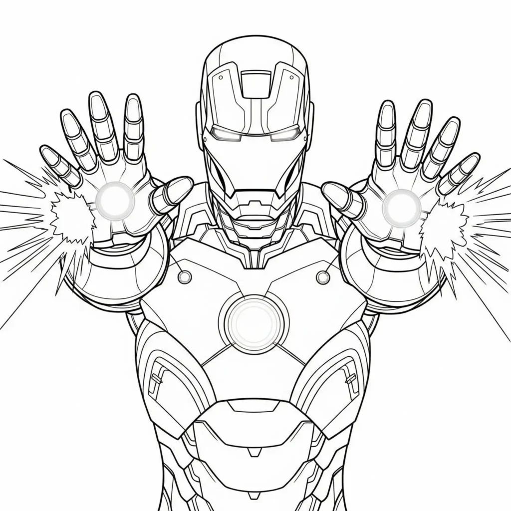 16 Iron Man Ausmalbilder (Superhelden Malvorlage zum drucken) Iron Man feuert seine Repulsor-Strahlen ab – actionreiche Malvorlage für Kinder zum Ausdrucken und Ausmalen