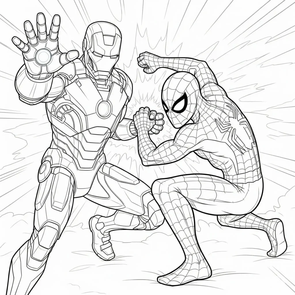 16 Iron Man Ausmalbilder (Superhelden Malvorlage zum drucken) Ausmalbild von Iron Man und Spider-Man zusammen, ideal zum Ausdrucken und Ausmalen für Kinder und Marvel-Fans