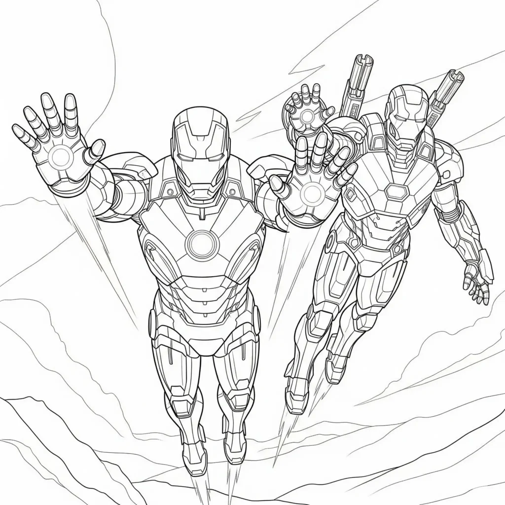 16 Iron Man Ausmalbilder (Superhelden Malvorlage zum drucken) Ausmalbild von Iron Man zusammen mit War Machine, ideal zum Ausdrucken und Ausmalen für Kinder und Marvel-Fans