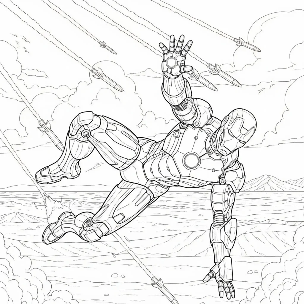16 Iron Man Ausmalbilder (Superhelden Malvorlage zum drucken) Actionreiches Ausmalbild von Iron Man, der geschickt Raketen ausweicht, perfekt zum Ausdrucken und Ausmalen für Kinder