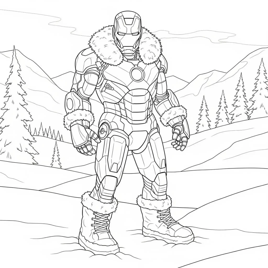 16 Iron Man Ausmalbilder (Superhelden Malvorlage zum drucken) Ausmalbild von Iron Man in seiner Winterausrüstung, perfekt zum Ausdrucken und Ausmalen für Kinder und Marvel-Fans
