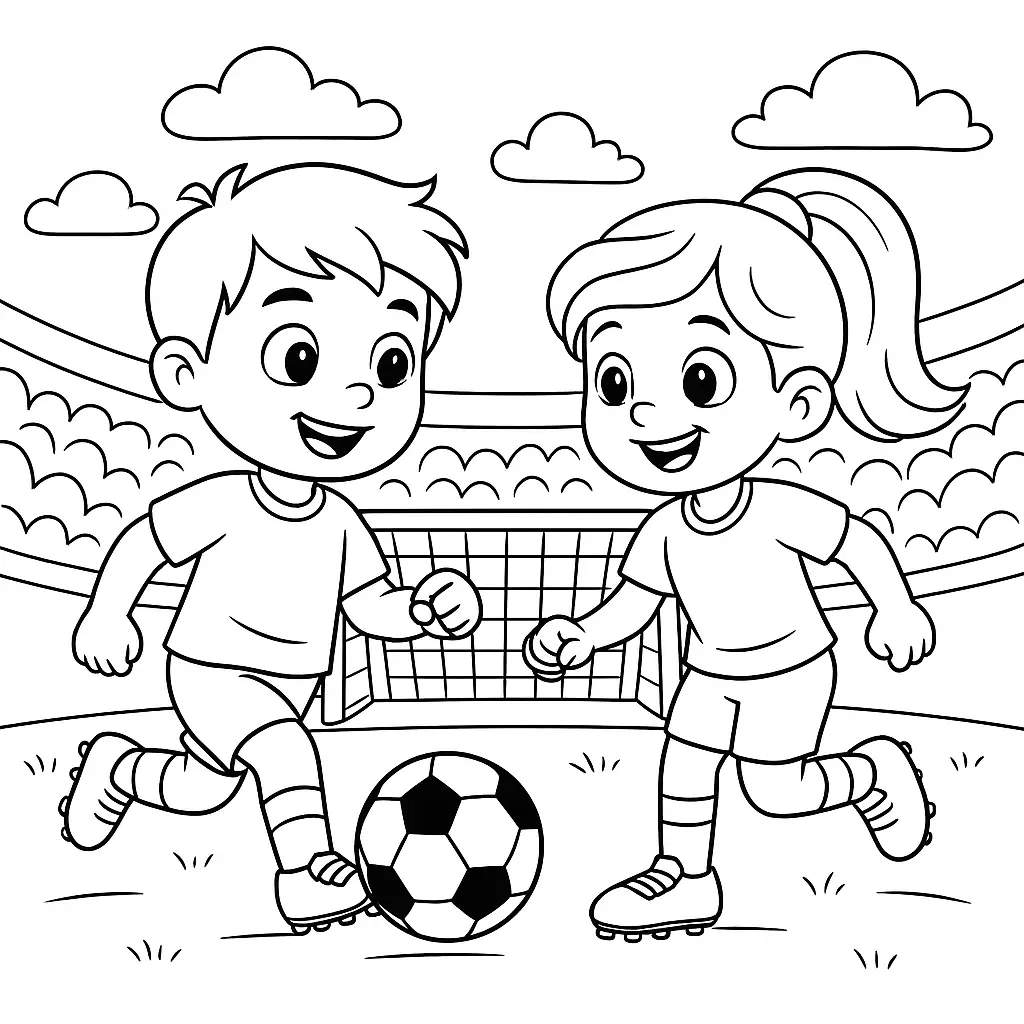 36 Ausmalbilder Fussball (Gratis Fußball Malvorlage drucken) Ausmalbild Junge und Mädchen spielen gemeinsam Fußball vor einem Tor, mit Stadionkulisse und Ball in Bewegung.