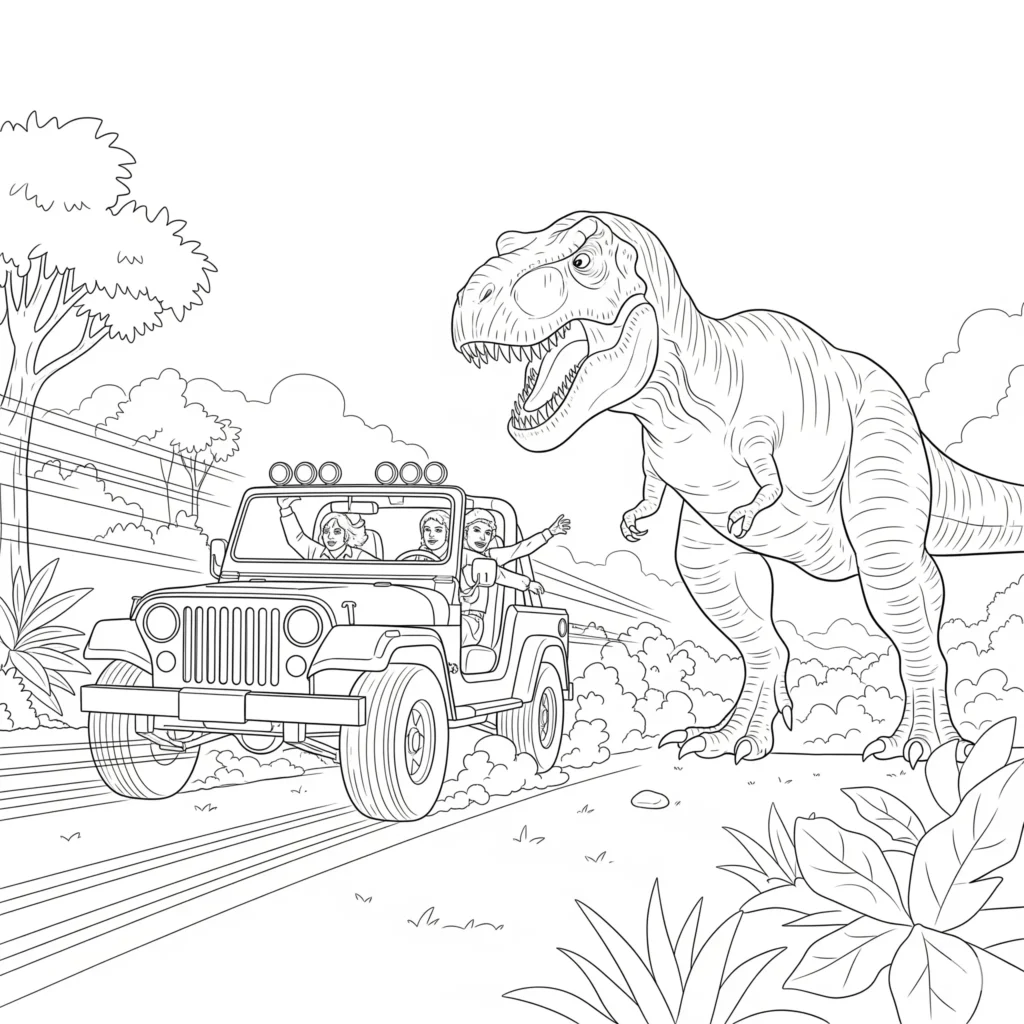 Jurassic Park Ausmalbilder (Gratis Dino Malvorlage drucken) Jurassic Park ausmalbild mit einem fliehenden Jeep, der von einem riesigen T-Rex verfolgt wird – spannende Szene zum Ausdrucken