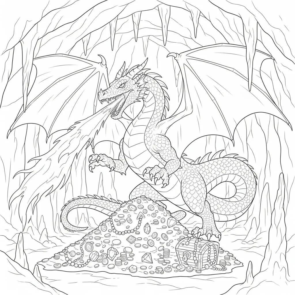 Drachen Ausmalbilder zum Ausdrucken kostenlos mit feuerspeiendem Drachen im Kampf