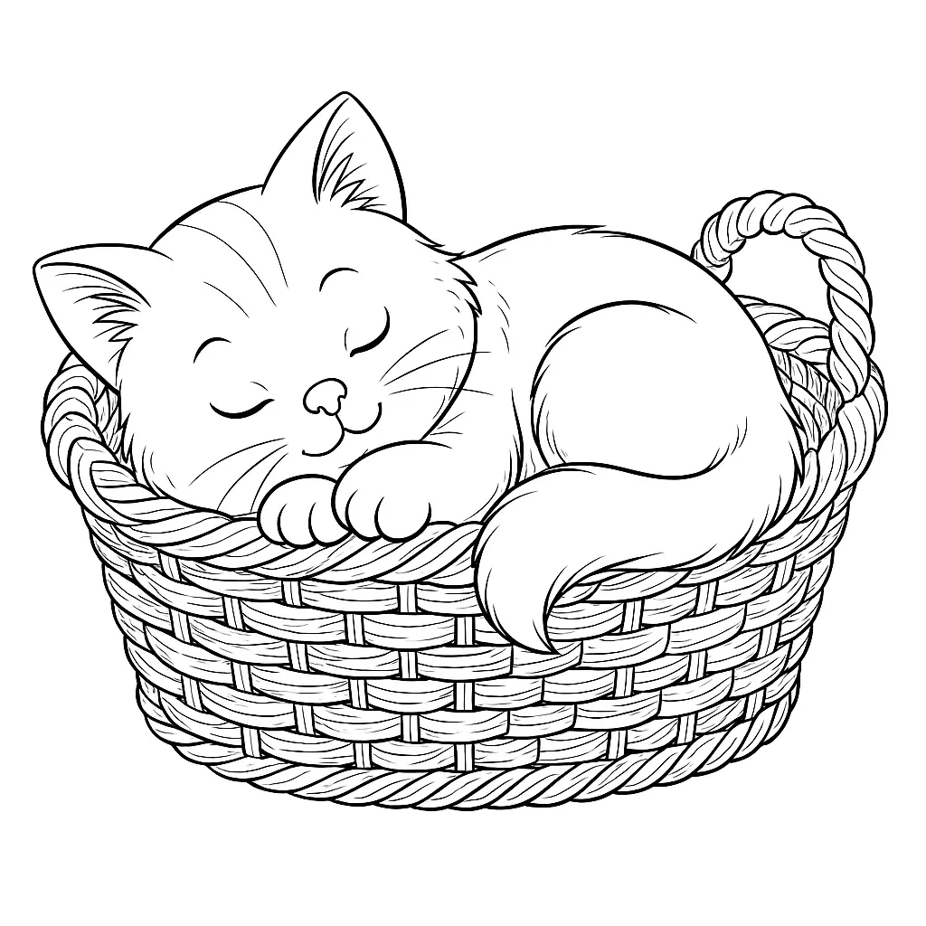 30 Katzen Ausmalbilder (Kostenlose Katze Malvorlage zum Ausdrucken) Ausmalbild einer kleinen Katze, die gemütlich in einem geflochtenen Korb schläft