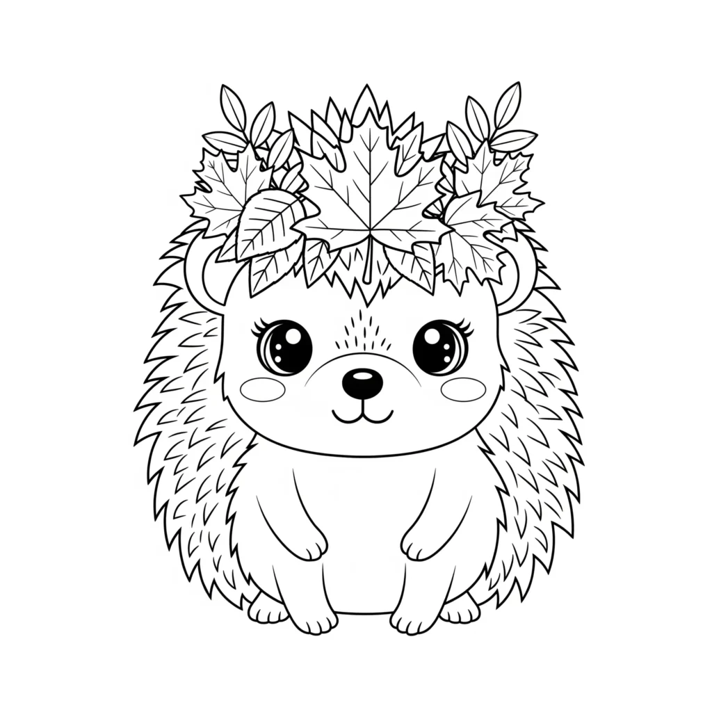 Ein niedlicher Kawaii-Igel trägt eine Krone aus bunten Herbstblättern. Kinder können die Blätter, den Igel und kleine Details farbenfroh gestalten.