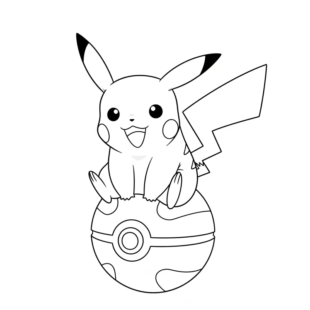 30 Pikachu Ausmalbilder (Gratis Pokémon Malvorlage zum drucken) Malvorlage von einem niedlichen Kawaii Pikachu, das fröhlich auf einem großen Pokeball sitzt – perfekt für Fans süßer Pokémon-Motive zum Ausmalen.