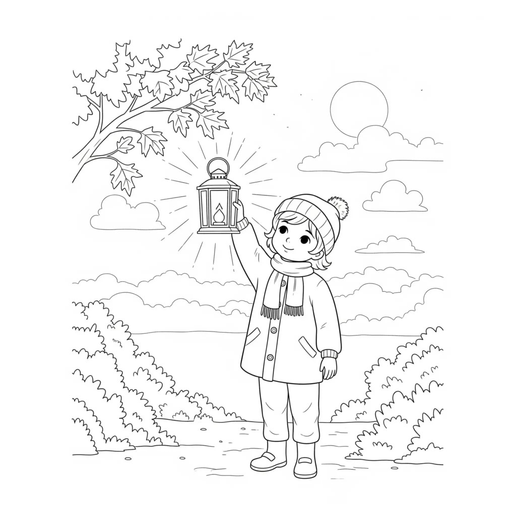 Ein Kind hält eine leuchtende Laterne an einem herbstlichen Abend, umgeben von fallenden bunten Blättern. Kinder können Laterne, Kleidung und Herbstszene kreativ ausmalen.