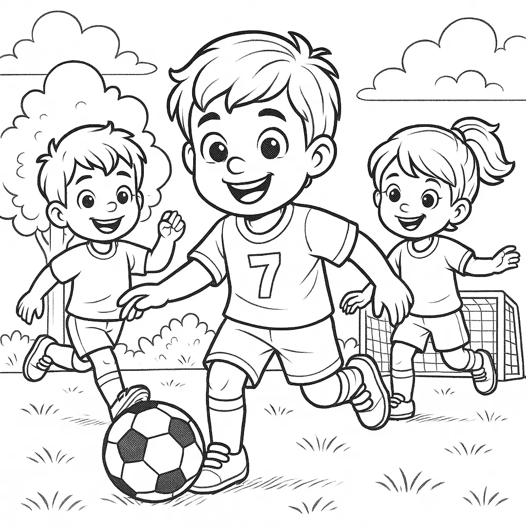 36 Ausmalbilder Fussball (Gratis Fußball Malvorlage drucken) Kinder spielen Fussball auf dem Spielfeld mit Toren und Bäumen im Hintergrund.