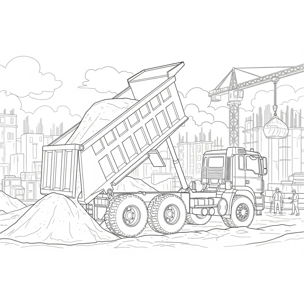 10+ LKW Ausmalbilder (Kostenlos Malvorlage zum Ausdrucken) Kipplaster LKW Malvorlage auf einer Baustelle mit Sandhaufen, ideal zum Ausdrucken für Kinder, die Baumaschinen mögen