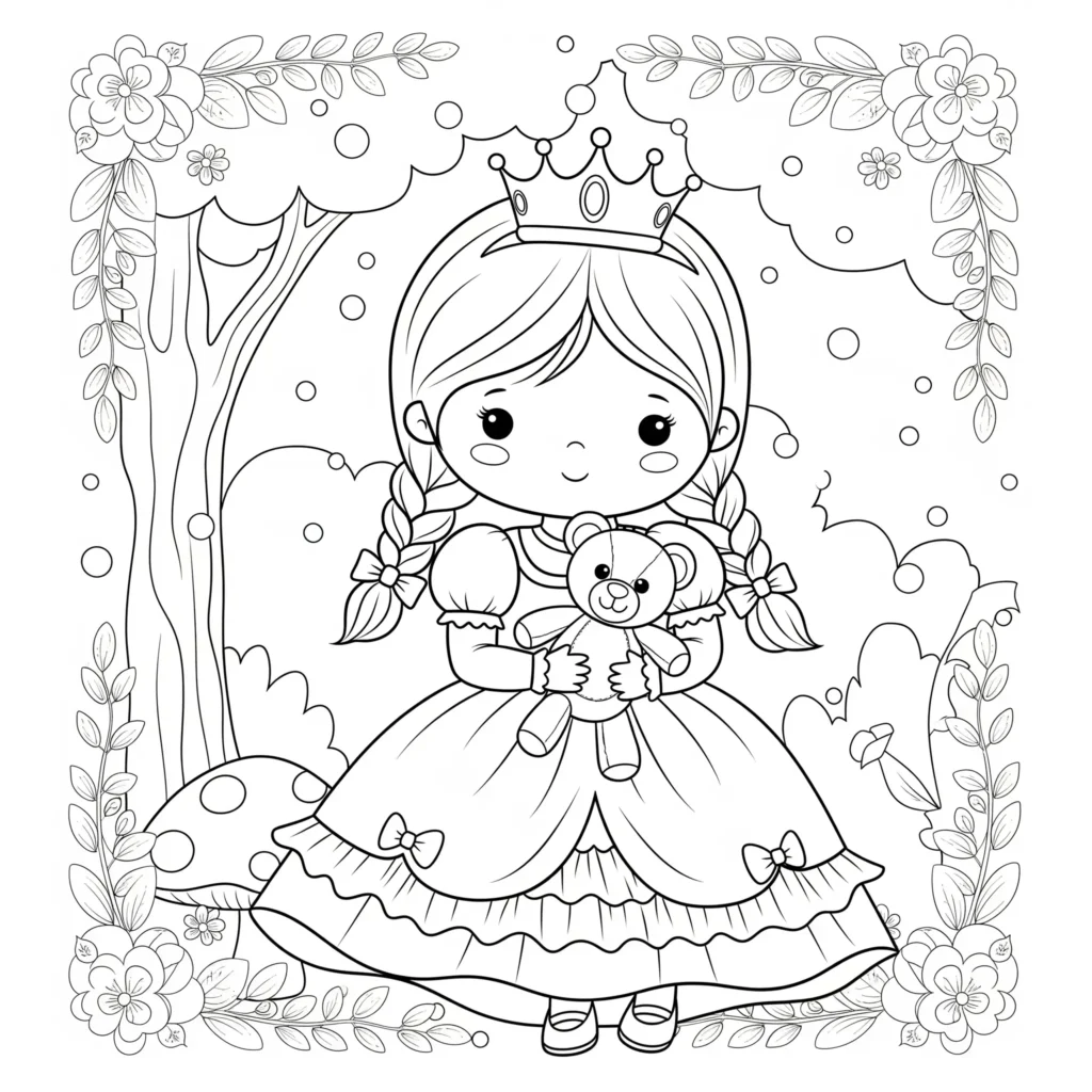 Prinzessinnen Malvorlage (Kostenlos PDF zum Ausdrucken) Eine niedliche kleine Prinzessin mit Krone und einem freundlichen Lächeln – perfekt für jüngere Kinder zum Ausmalen.