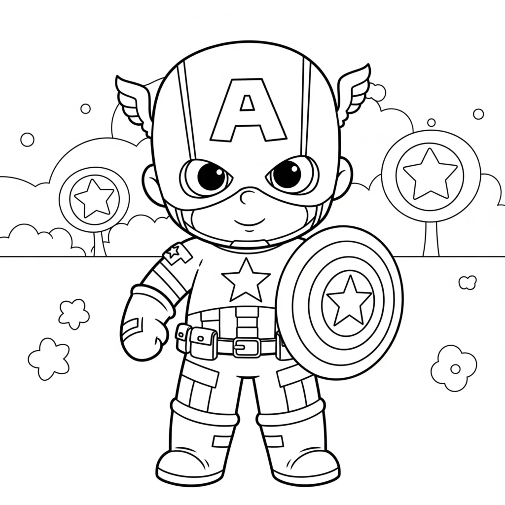 14 Captain America Ausmalbilder (Kostenlos Malvorlage drucken) Kleiner Captain America als niedliches Ausmalbild für Kinder, ideal zum Ausdrucken als kostenlose PDF-Vorlage