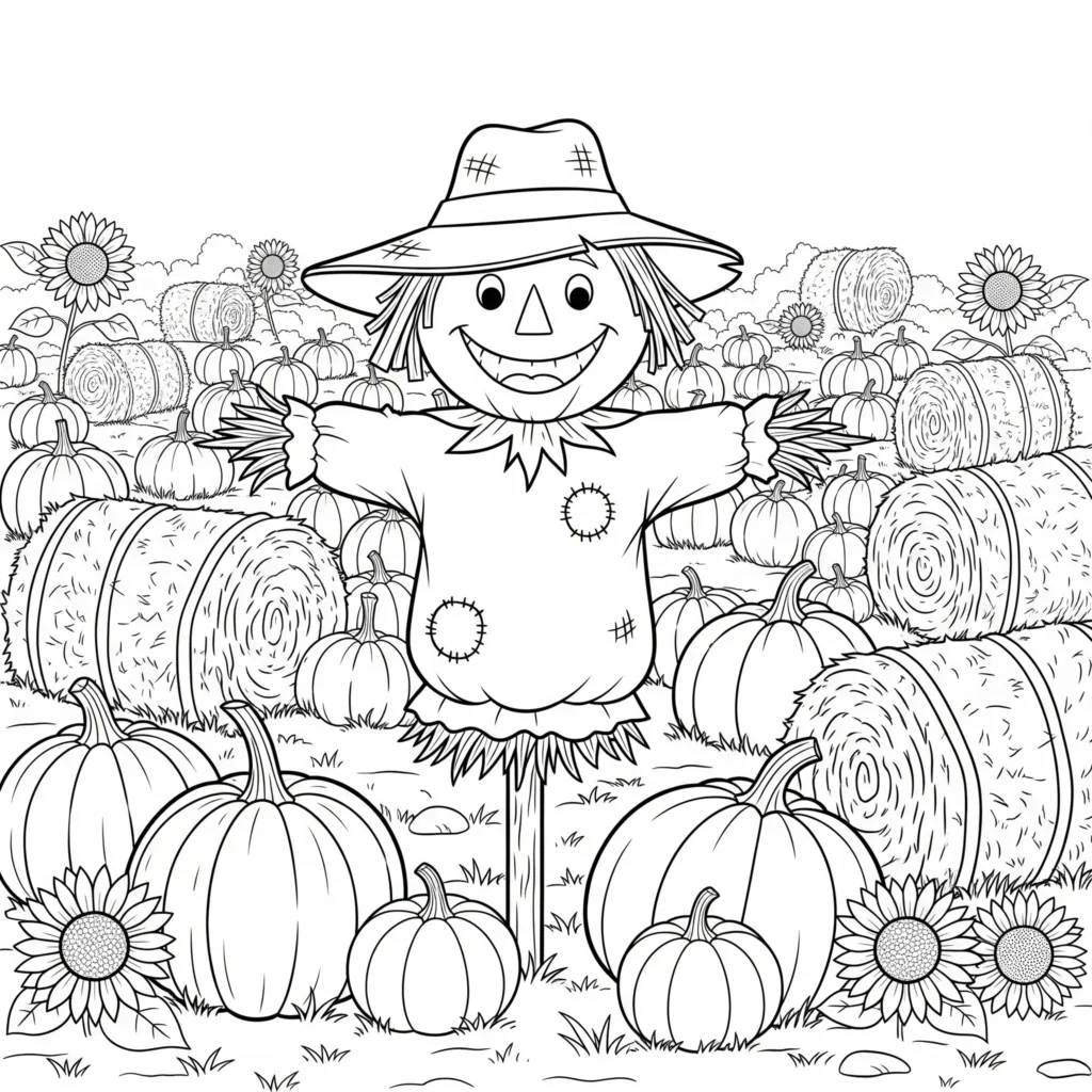 Ein friedliches Kürbisfeld im Herbst mit großen Kürbissen, fallenden Blättern und sanftem Sonnenlicht. Ein schönes Motiv zum Ausmalen für Kinder und Erwachsene.