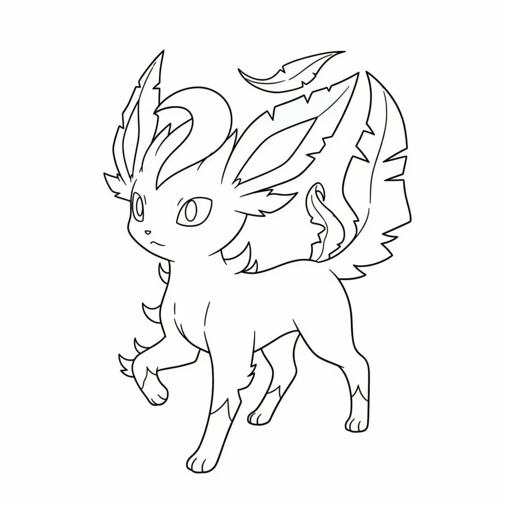 20 Evoli Ausmalbilder (Gratis Pokémon Malvorlage drucken) leafeon evoli ausmalbild zeigt das pflanzenpokemon stehend zwischen blättern als ruhige malvorlage für kinder zum ausdrucken