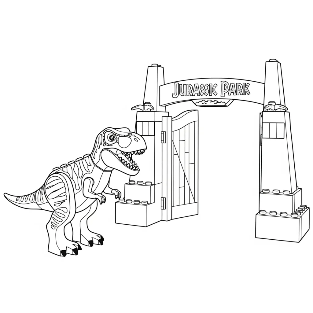 Jurassic Park Ausmalbilder (Gratis Dino Malvorlage drucken) Jurassic Park ausmalbild für kinder mit LEGO Figuren und Dinosauriern aus der bekannten Filmwelt als kreative Malvorlage