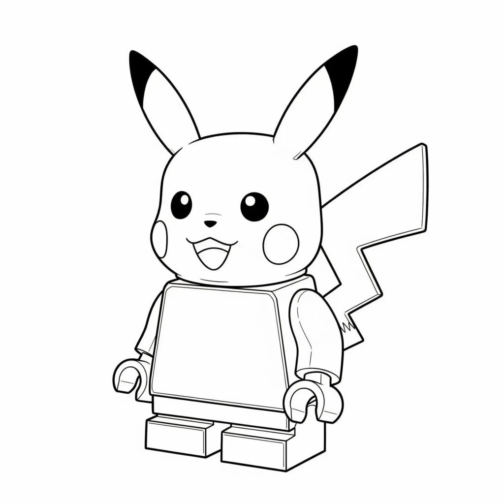 30 Pikachu Ausmalbilder (Gratis Pokémon Malvorlage zum drucken) Ausmalbild von Lego Pikachu in ikonischer Bausteinform mit blockigem Körperbau, ideal zum Ausmalen für Pokémon- und Lego-Fans gleichermaßen.