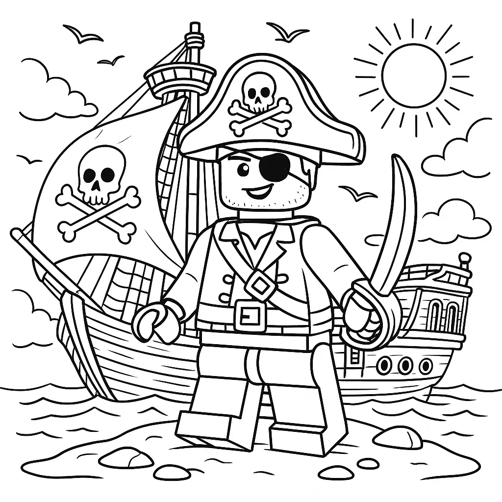 24 Piraten Ausmalbilder (Kostenlose Malvorlage zum drucken) Lego Pirat auf Piratenschiff mit Schatz und Segel – Piraten Ausmalbild