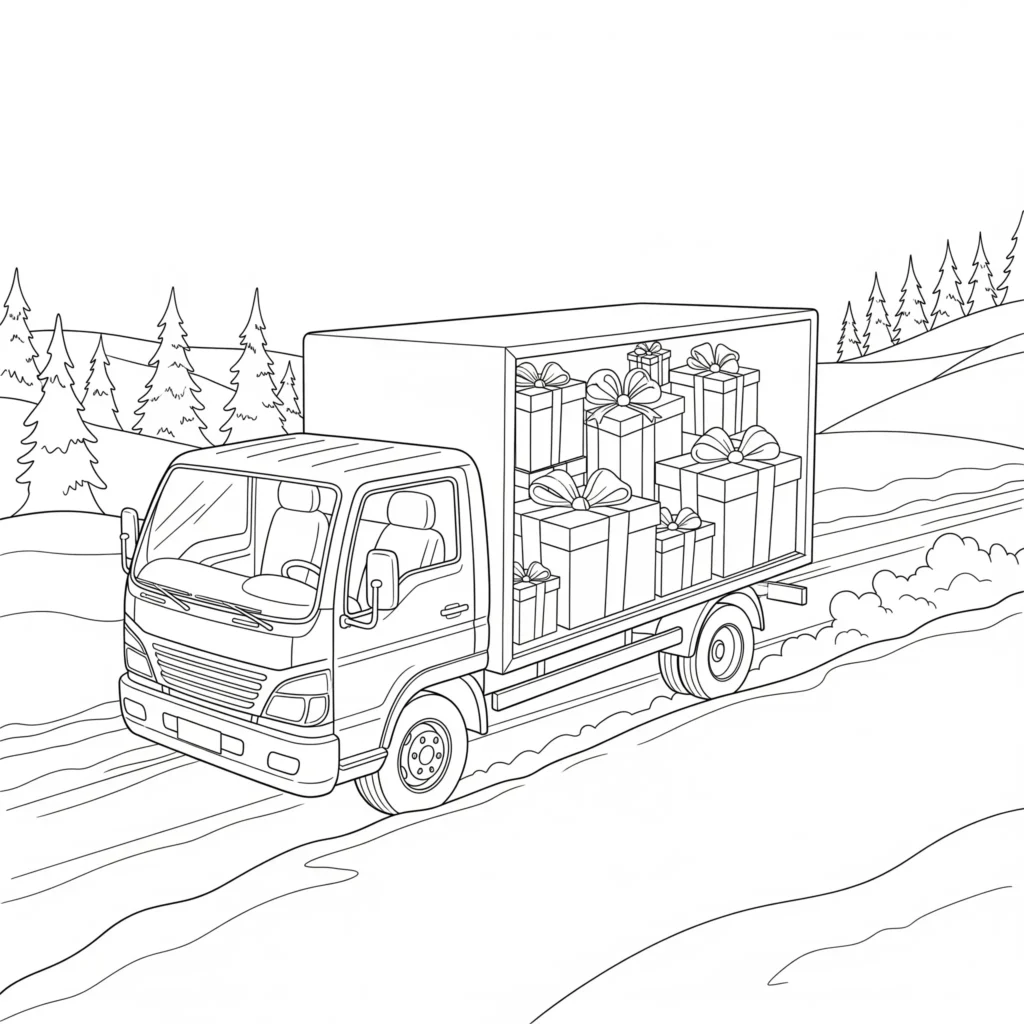 10+ LKW Ausmalbilder (Kostenlos Malvorlage zum Ausdrucken) Ausmalbild eines Lieferwagens, der durch verschneite Straßen fährt, passend für Kinder, die winterliche LKW Ausmalbilder mögen