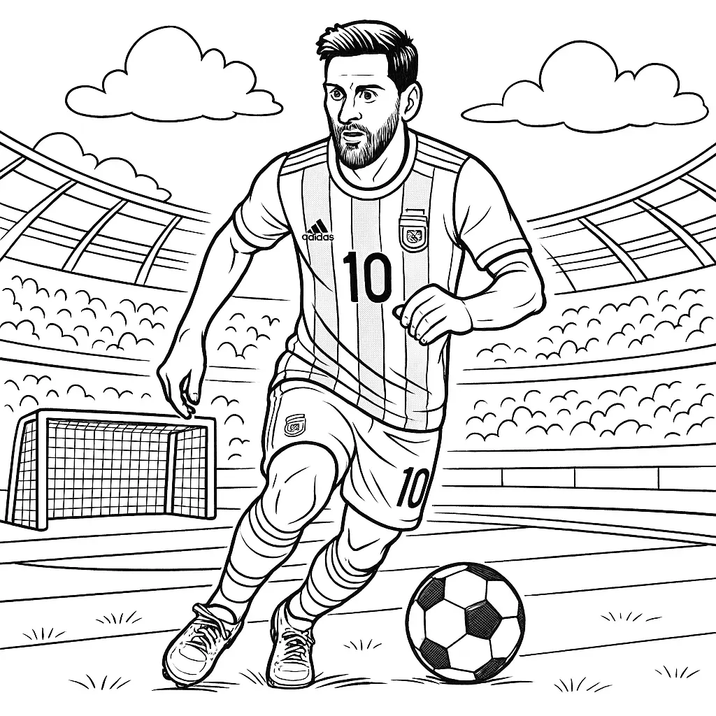 36 Ausmalbilder Fussball (Gratis Fußball Malvorlage drucken) Ausmalbild Lionel Messi im Argentinien-Trikot mit Nummer 10 beim Dribbling im Stadion, Ball vor dem Tor.