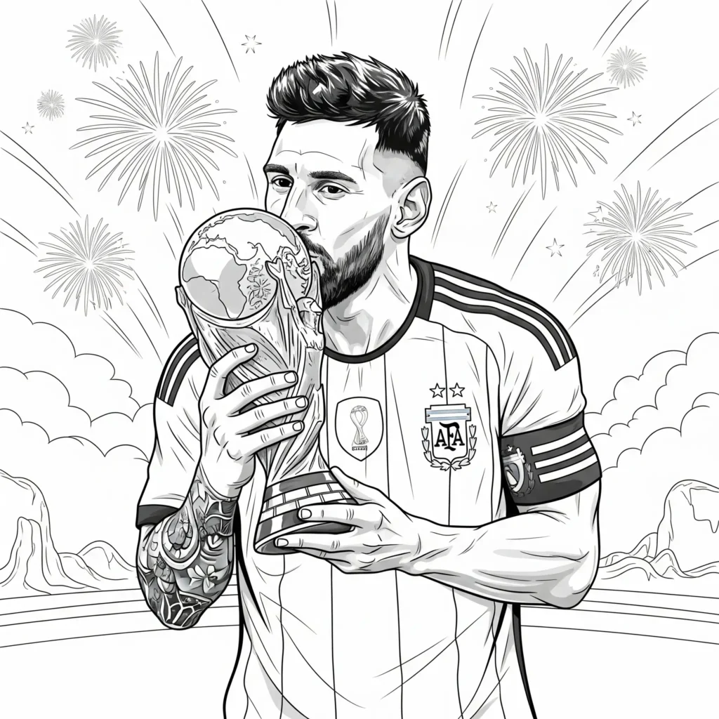 Lionel Messi Ausmalbild zeigt ihn, wie er den WM Pokal küsst, kostenlose Malvorlage zum Ausdrucken für Kinder und Fußballfans