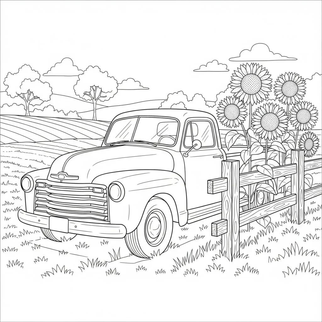 10+ LKW Ausmalbilder (Kostenlos Malvorlage zum Ausdrucken) Ausmalbild eines alten Vintage-LKWs, der durch die ländliche Gegend fährt, ideal für Kinder und Fans von klassischen LKW Ausmalbildern