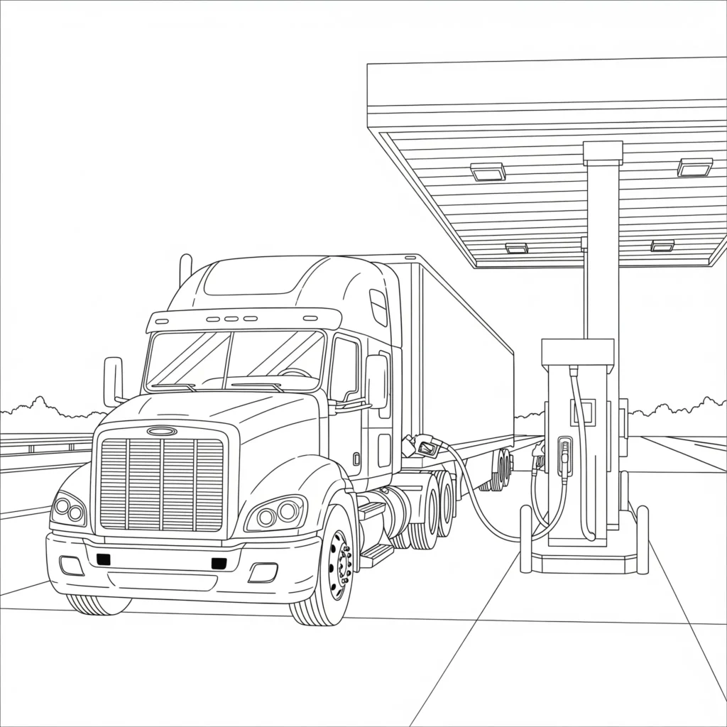 10+ LKW Ausmalbilder (Kostenlos Malvorlage zum Ausdrucken) Ausmalbild eines Lastwagens, der an einer Tankstelle steht und tankt – perfekt für Kinder als LKW Ausmalbild zum Ausdrucken