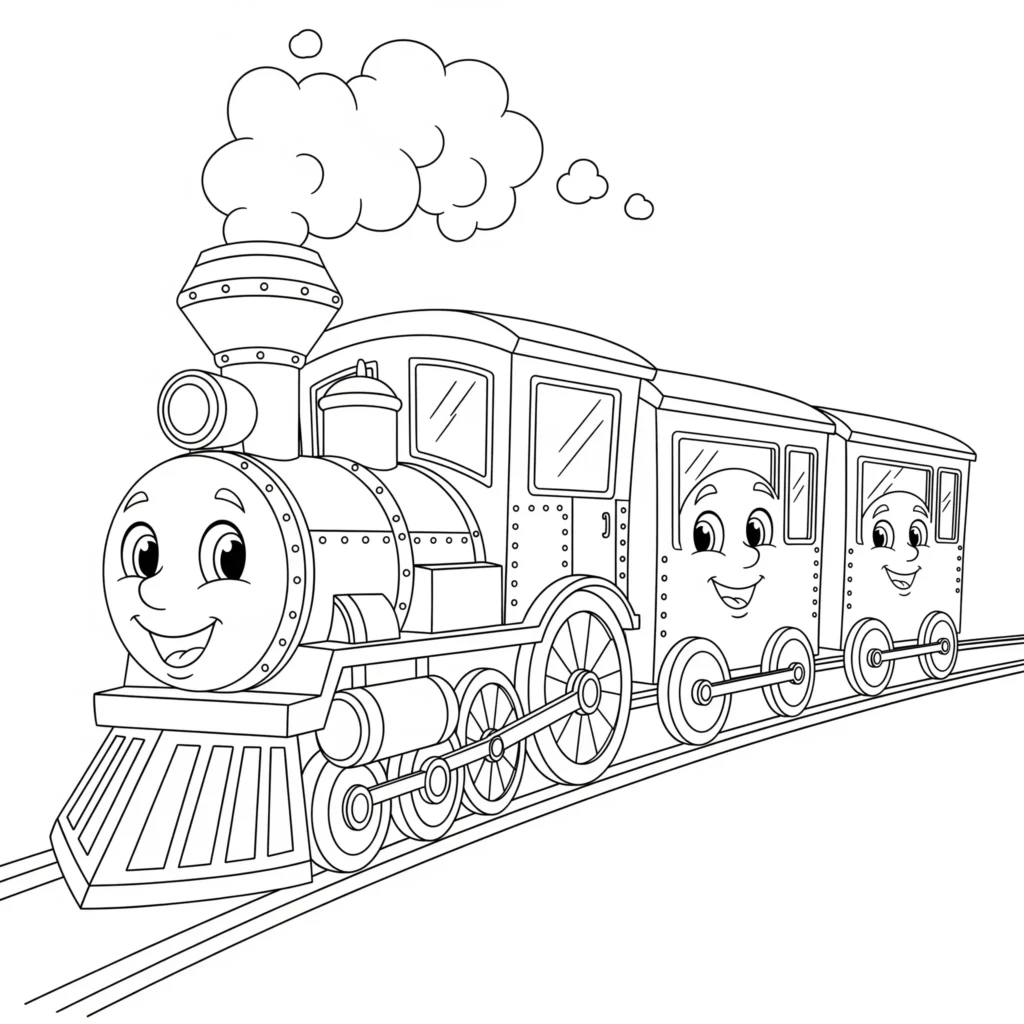 10 Zug Ausmalbilder (Kostenlos Malvorlage zum Ausdrucken) Ausmalbild von einem lustigen Cartoon Zug mit lächelnden Gesichtern zum Ausdrucken für Kinder