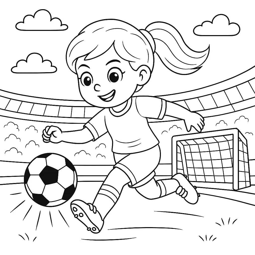 36 Ausmalbilder Fussball (Gratis Fußball Malvorlage drucken) Ausmalbild Fröhliches Mädchen schießt Fußball in ein Tor auf dem Spielfeld, mit Stadionkulisse im Hintergrund.