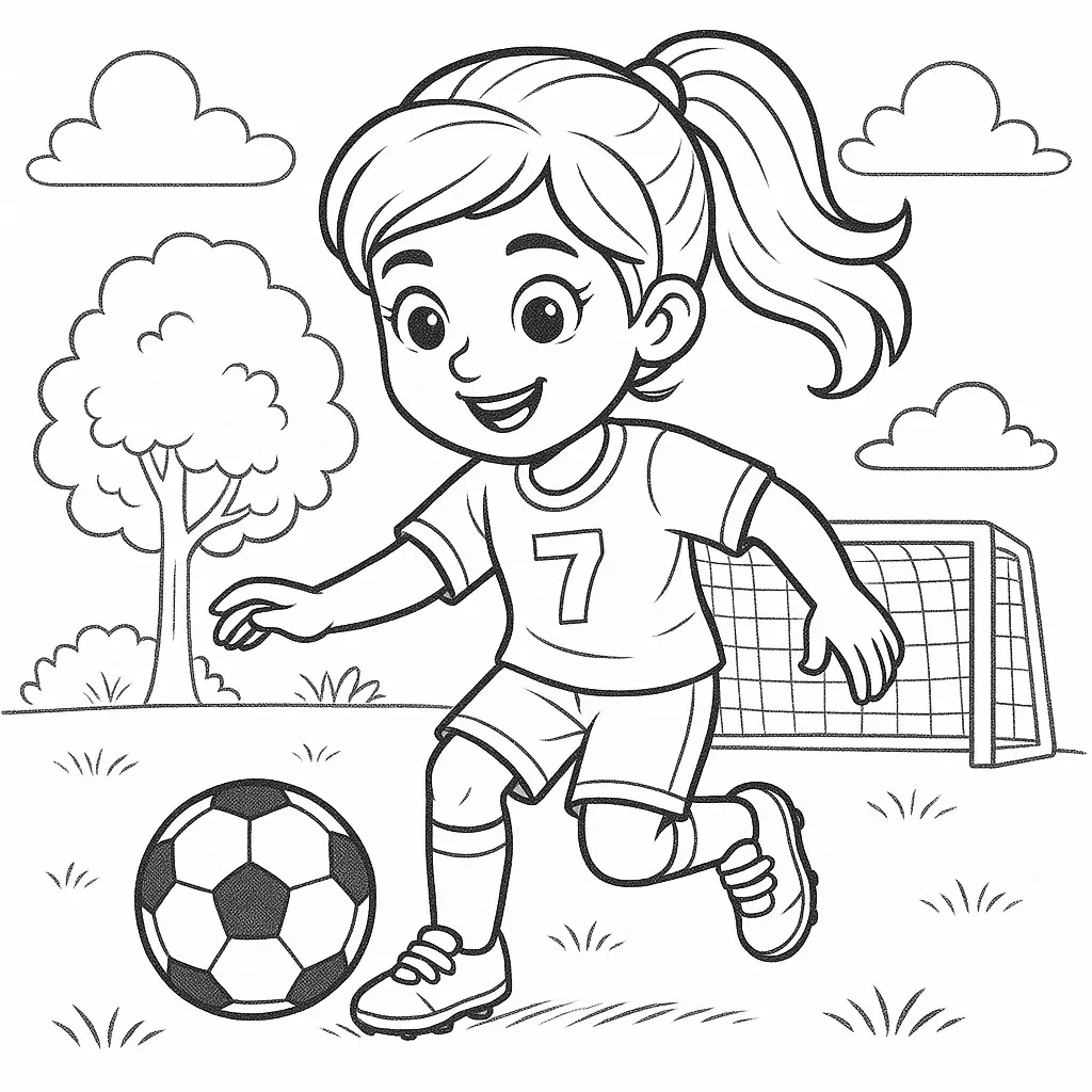 36 Ausmalbilder Fussball (Gratis Fußball Malvorlage drucken) Ausmalbild Mädchen mit Trikot Nummer 7 spielt fröhlich Fußball auf dem Spielfeld mit Ball, Tor und Bäumen im Hintergrund.
