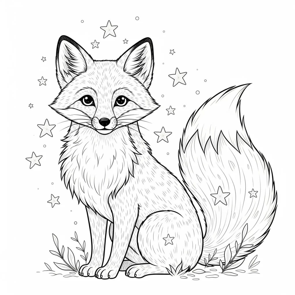 10+ Fuchs Ausmalbilder (Kostenlos Malvorlage zum Ausdrucken) fuchs ausmalbild für kinder mit einem märchenhaften fuchs umgeben von funkelnden sternen und magischen elementen als kreative fantasievorlage zum ausdrucken