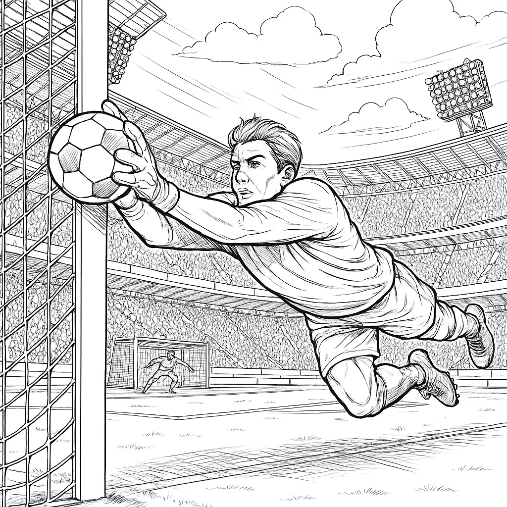 36 Ausmalbilder Fussball (Gratis Fußball Malvorlage drucken) malvorlage Fußballtorwart springt in die Luft und fängt den Ball knapp vor dem Tor, mit vollem Stadion im Hintergrund.