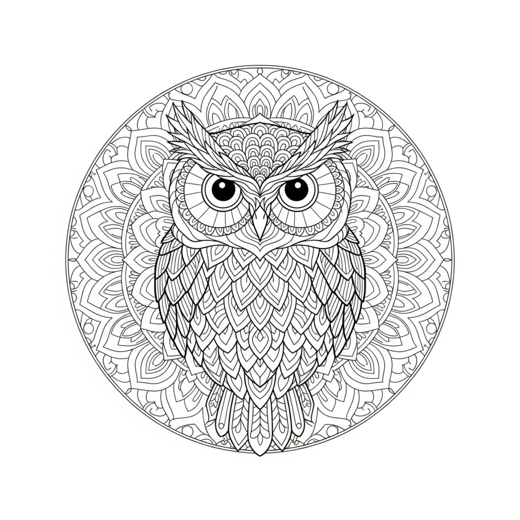 16 Eule Ausmalbilder (Kostenlos Eulen Malvorlage zum drucken) Mandala mit Eulenmotiv als Malvorlage für Kinder und Erwachsene zum Ausdrucken im PDF-Format