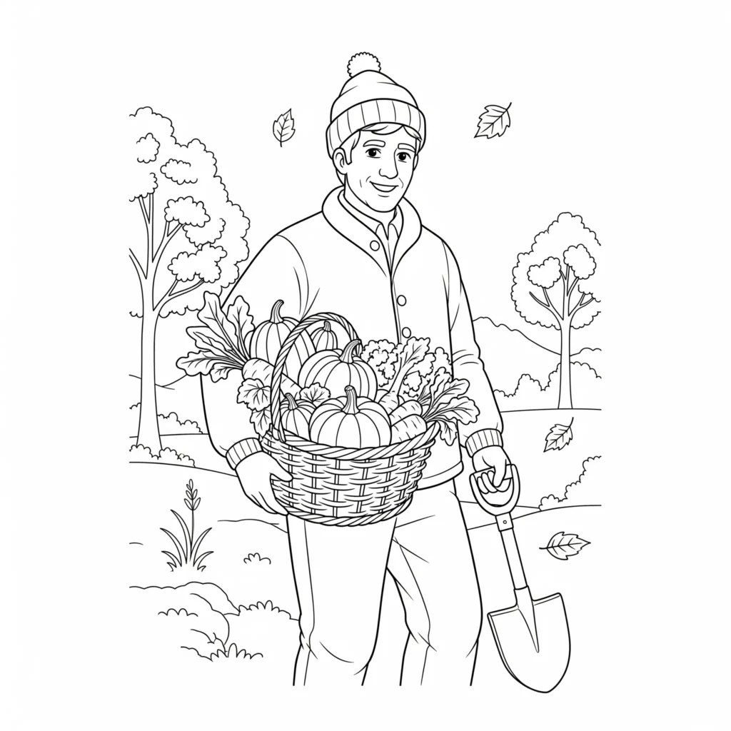 Ein Mann hält einen vollen Gemüsekorb und eine Schaufel, umgeben von bunten Herbstblättern. Kinder können die Gemüsearten, Kleidung und herbstliche Umgebung farbenfroh gestalten.