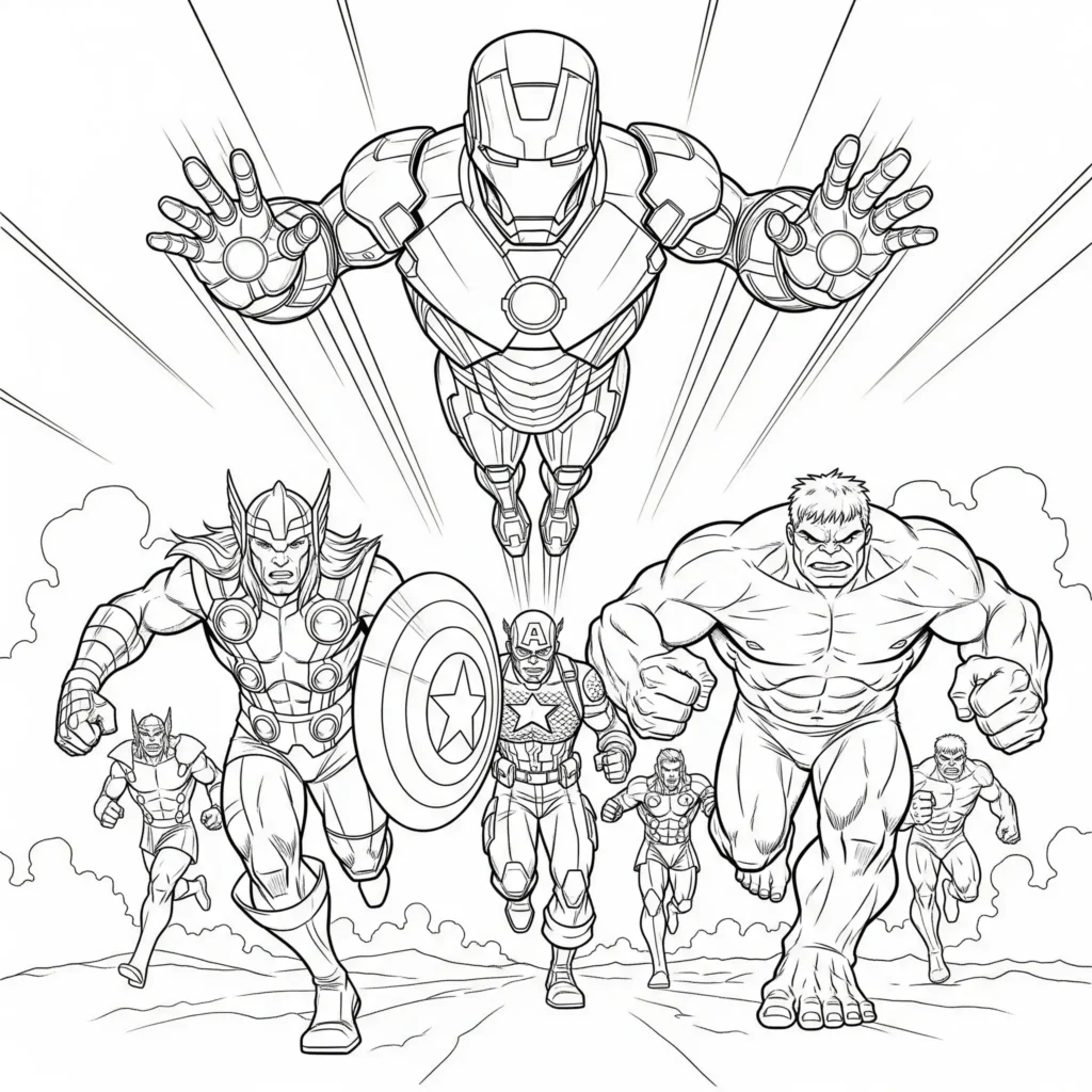 16 Iron Man Ausmalbilder (Superhelden Malvorlage zum drucken) Ausmalbild von Iron Man als Anführer der Avengers, perfekt zum Ausdrucken und Ausmalen für Kinder und Marvel-Fans
