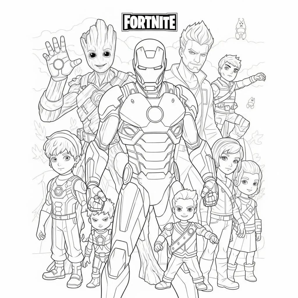 40+ Fortnite Ausmalbilder (Gratis Malvorlage zum Ausdrucken) Marvel Fortnite Ausmalbild mit Superhelden wie Iron Man, Groot und weiteren Charakteren – perfekt zum kostenlosen Ausmalen für Kinder und Fans
