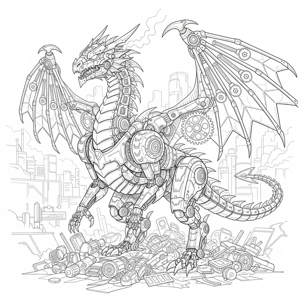Mechanischer Drache mit Metallteilen zum Ausmalen und Ausdrucken