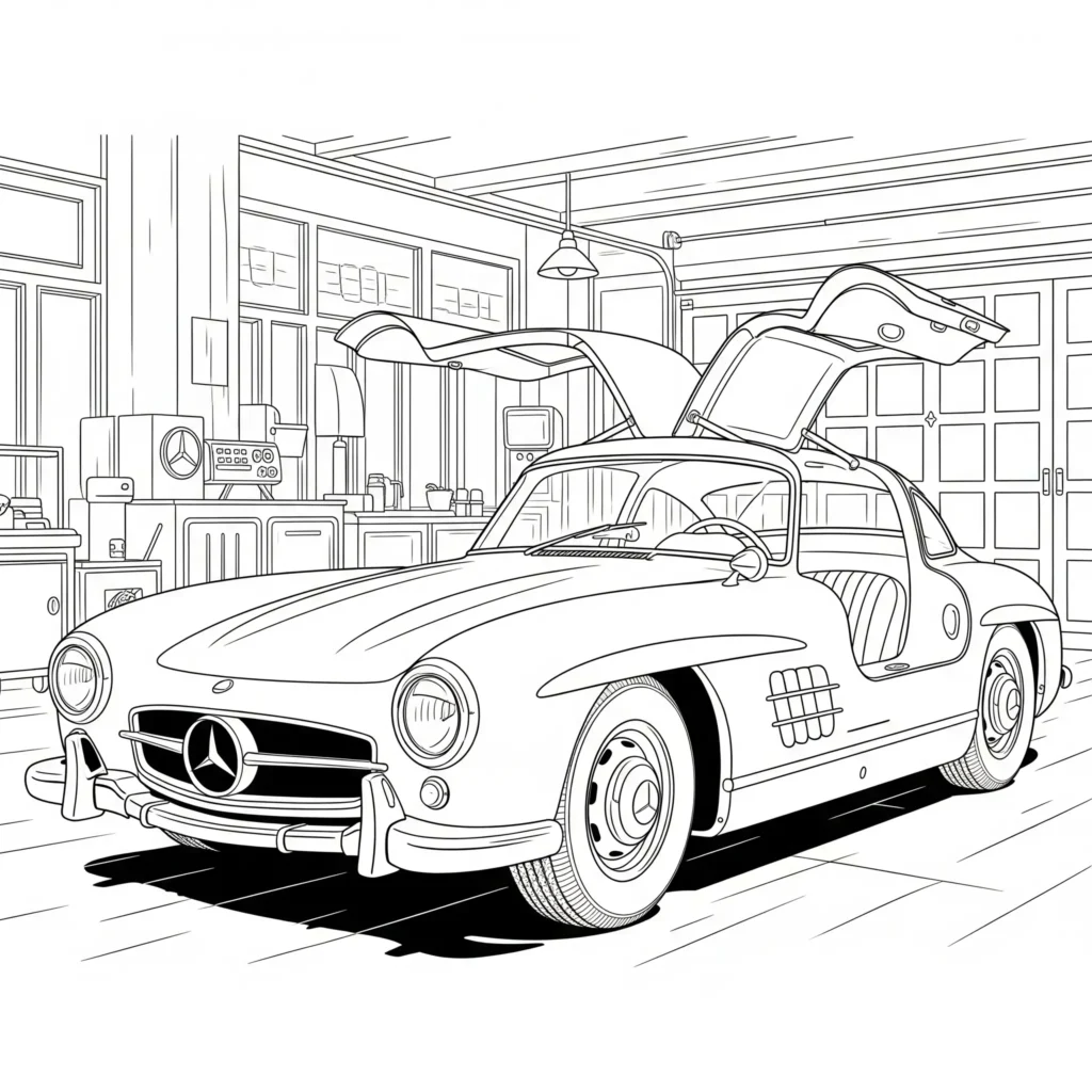 Mercedes Ausmalbilder (Kostenlos Malvorlage zum Ausdrucken) Ausmalbild vom Mercedes-Benz 300SL Gullwing mit Flügeltüren, ideal zum kostenlosen Ausdrucken und Ausmalen für Kinder.