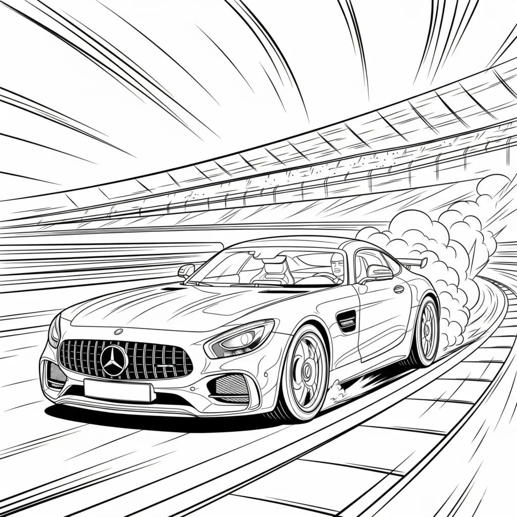 Mercedes Ausmalbilder (Kostenlos Malvorlage zum Ausdrucken) Ausmalbild vom modernen Mercedes AMG GT Rennauto auf der Rennstrecke, geeignet zum kostenlosen Ausdrucken und Ausmalen für Kinder.