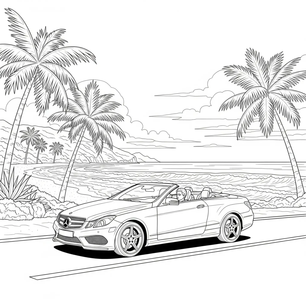 Mercedes Ausmalbilder (Kostenlos Malvorlage zum Ausdrucken) Ausmalbild vom Mercedes-Benz E-Klasse Cabriolet auf einer Küstenstraße, perfekt zum kostenlosen Ausdrucken und Ausmalen für Kinder.