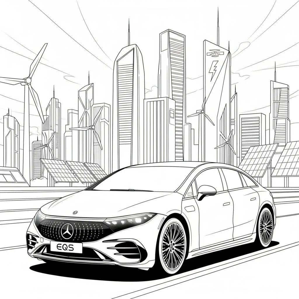 Mercedes Ausmalbilder (Kostenlos Malvorlage zum Ausdrucken) Ausmalbild vom Mercedes-Benz EQS Elektroauto in einer futuristischen Umgebung, ideal zum Ausdrucken und Ausmalen für Kinder
