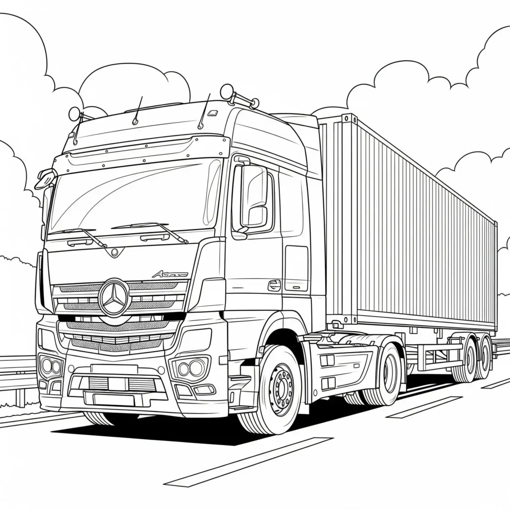Mercedes Ausmalbilder (Kostenlos Malvorlage zum Ausdrucken) Ausmalbild von einem Mercedes-Benz Lastwagen, der auf der Straße eine große Ladung transportiert – perfekt für Kinder zum Ausdrucken und Ausmalen.