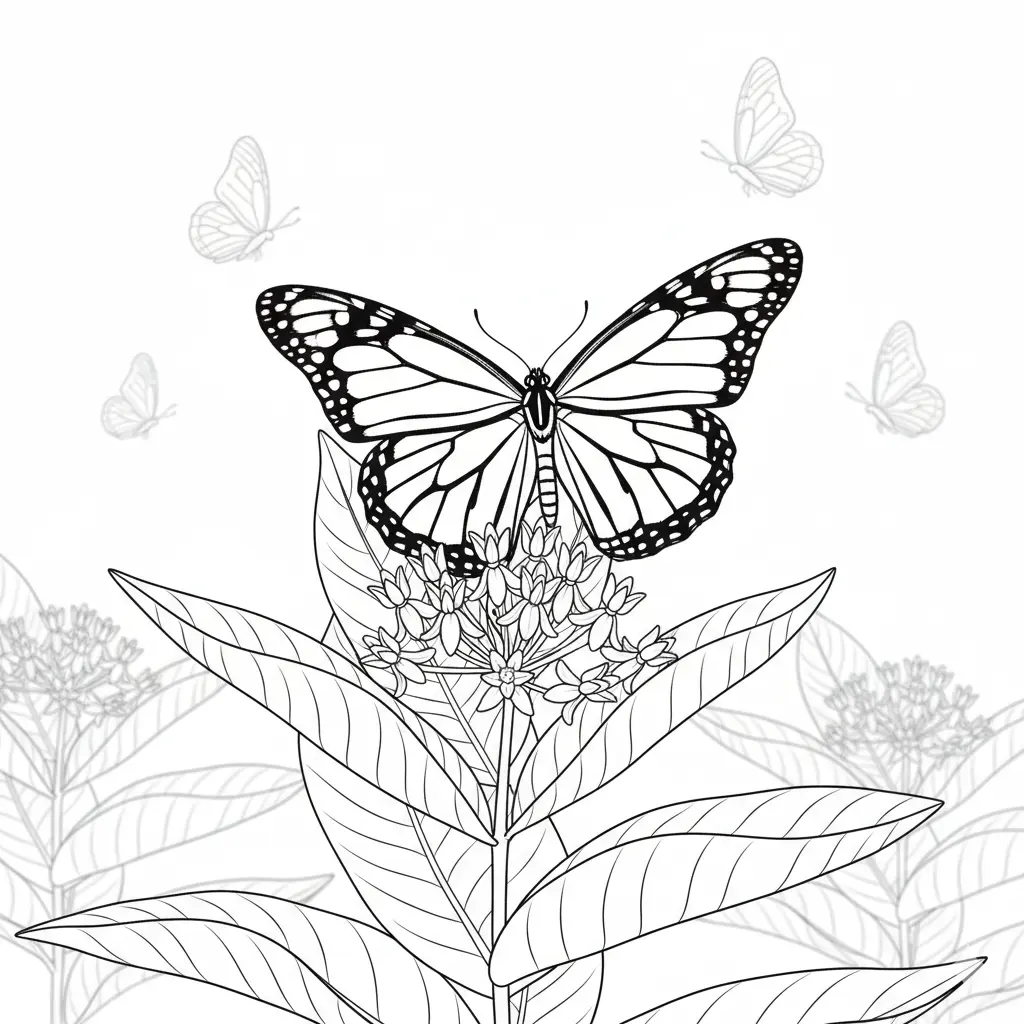 30+ Schmetterling Ausmalbilder (Gratis Malvorlage zum drucken) Ein eleganter Monarch-Schmetterling mit ausgebreiteten Flügeln zeigt seine markanten Muster und wartet darauf, farbenfroh ausgemalt zu werden.